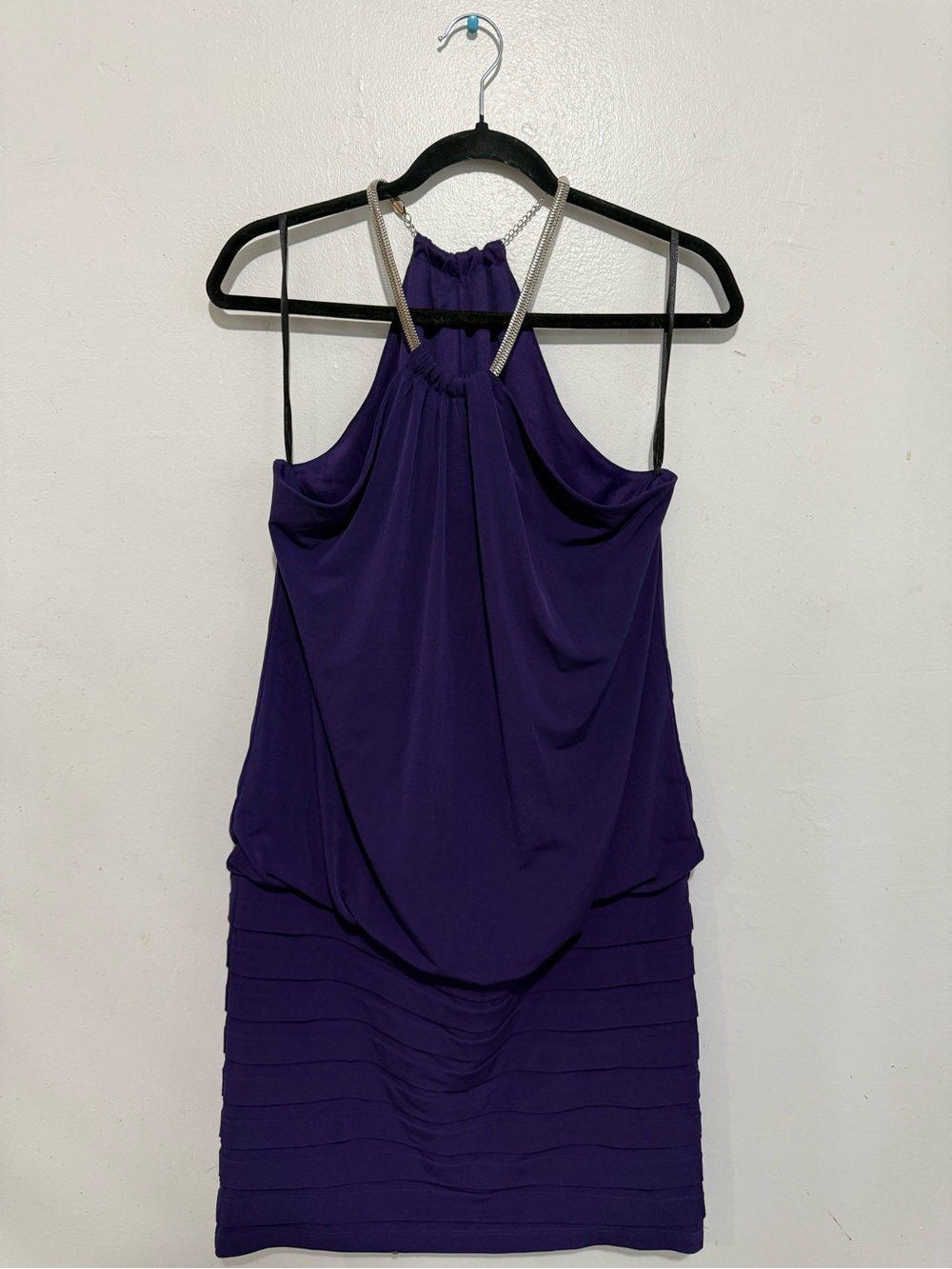 Valerie Bertinelli Purple Halter Mini Dress with Rhinestone Straps